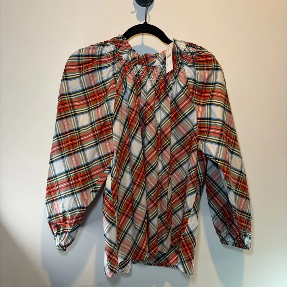 J Crew Smocked-neck cotton poplin top in Snowy Stewart tartan - Picture 1 of 5
